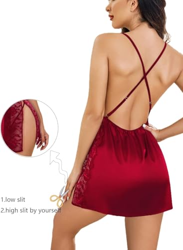 Image of Stylbase Women's Lace Babydoll Nightwear with Thong Panty - Sexy V-Neck Sleeveless Sleepwear Dress with Side Slit, Above Knee Lingerie for Honeymoon, Night Dress for Women