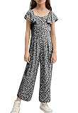 KIMMTA Girl’s Summer Floral Printed Rompers Ruffle Short Sleeve Wide Leg Jumpsuits with Button