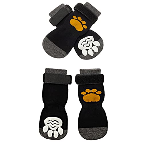 Hjkiopc 4 Pcs Chaussettes Anti-Dérapantes Chien Chat，réglables pour Chien Chaussettes，Protège Les Pattes de l’Animal et Les sols intérieurs,Convient pour Les Petits ou Gros Chiens et Chats (S, Noir)