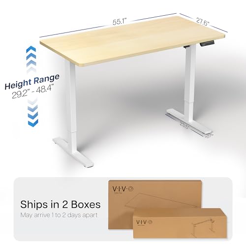 Image of VIVO Light Wood 55 x 28 in Standing Desk, DESK-KIT-1W55C | Electric, Holds 220 lbs, Sit Stand, Height Adjustable, Solid One-Piece Table Top, Memory Presets, 1B Series, White Frame