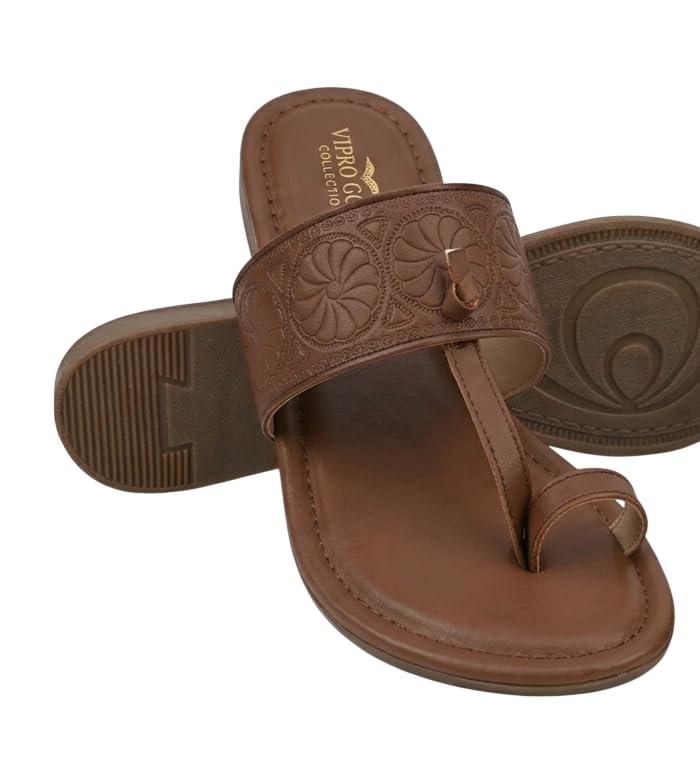 Women's Ethnic Kolhapuri One Toe Flat Sandals | Floral Embossed Leatherette Comfort Slippers for Ladies-image-41