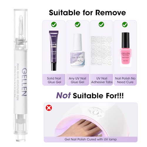 Image of Gellen Nail Glue and Remover Kit, UV Gel Nail Glue for Press Ons, 2 Pcs Non Acetone Gel Nail Glue Removers, Long Lasting Semi Solid Nail Glue Gel, Gentle Gel Glue Off for Beginner DIY at Home