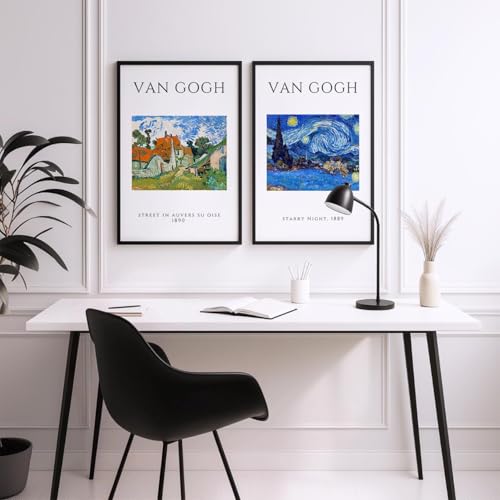 Image of SoulAbiti Street in Auvers-sur-Oise - 1890 & The Starry Night 1889 Framed Wall Art Print Set of 2 12x18 inch Black Frame Plexi-Glass Famous Painting Art Prints Home Living Room Bedroom Office Decor