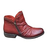  ORANDESIGNE Femmes Bottines Bottes de Cow-Boy en Cuir Flats Hiver Doux Confortables Casual Solide Couleur Punk Bottes Rouge 35