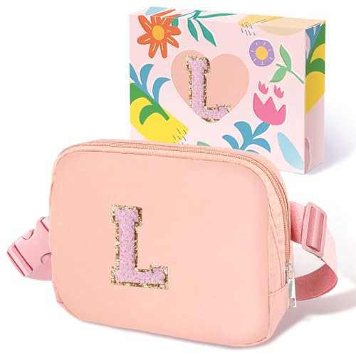Image of COSHAYSOO Graduation Birthday Initial Gifts for Teen Girls 6 7 8 9 10 11 12 13 14 Year Old Pink Crossbody Shoulder Bag for Girls Travel Purse Unique Trendy Girly Stuff Chenille Letter L