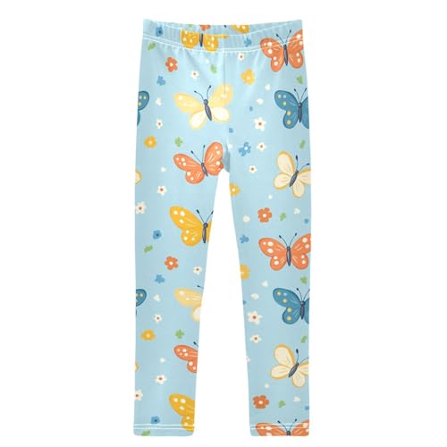 Cartoon Flowers Butterfly Teal Blue Girls Leggings Kids Yoga Pants Dance Active Tights 4T