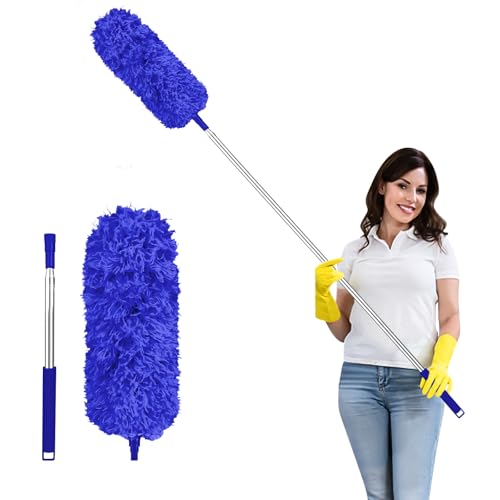 Fogray 2026 Upgraded Extendable Feather Duster with Soft Silicone Cap, Telescopic Long Handled Microfiber Dusters for Cleaning, Cobweb High Ceiling Fan Roof Blinds, Washable & Bendable(Darkblue)