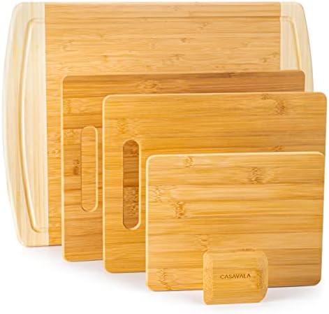 Bamboo Cutting Board Set - With A Bamboo Pan & Board Scraper - Premium Natural Wood Non-Slip Kitchen Chopping Board With Juice Groove & Handles- Cutting Mat For Meat, Veggies & Cheese [5 Piece Set]