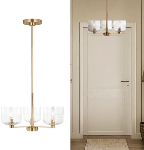 Scott Living 3-Light Lochdale Modern Chandelier in Satin Brass Finish with Clear Ribbed Shade DJC1233SB, Modern Chandelier That Enhances Farmhouse Decor and Room Decor in Living and Dining Areas