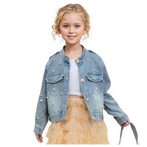 Little Girls Denim Jacket with Pearls Snap Button Down Jean Top Long Sleeve Denim Coat Outwear