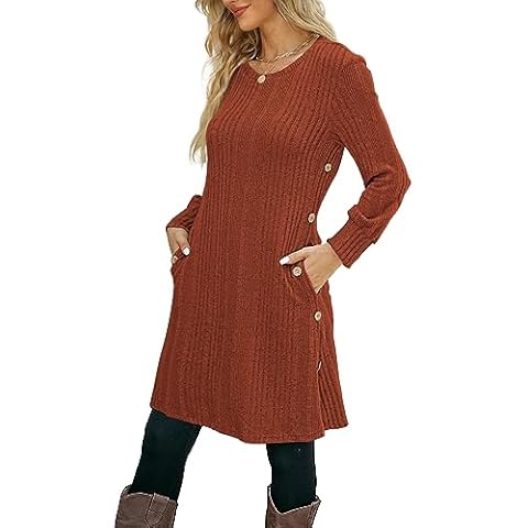 Kikibell Long Sleeve Dress for Women Scoop Neck Fall Dresses for Women with Pockets Button Side Casual Dresses for Women Caramel Cover