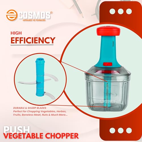 Image of E-COSMOS 2 in 1 Food Chopper Manual Hand Press Push Chopper with 4 Blades for Effortless Chopping Vegetables & Fruits with Mixi Blade for Lassi /Butter Milk (900 ml, Plastic)