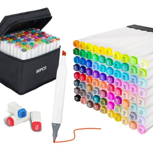Octirst 80 Colours Alcohol Markers Colouring Pens for Adults Beginners Dual Tip Drawing Markers Permanent Art Markers for Sketching Doodling Anime Calligraphy With Carrying Case Gift Idea