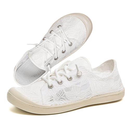 Lace Sneakers with Arch Support Insoles, Anti-Slip Rubber Outsole, Anti-Collision Toe, White