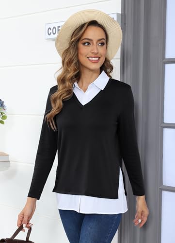 Image of Vldnery Womens Fall Winter Sweater 2025 Trendy Clothes Oversized V Neck Long Sleeve Shirts 2 in 1 Outfit Casual Pullover Tops
