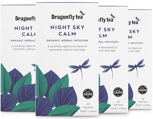 Dragonfly Night Sky Calm Tea (80 Teabags), Organic Plastic-Free Compostable Tea Bags (Pack of 4 x 20) Caffeine-Free Camomile Herbal Night Time Calming Relaxation Sleep Tea