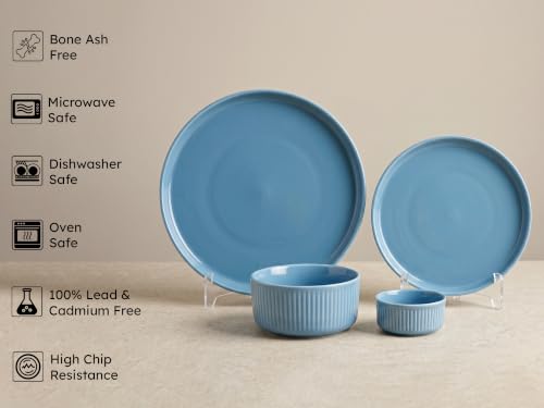 Image of Bodhi House 20-Piece Ribbed Porcelain Dinnerware Set | Quarter Plates, Katori & Serving Bowls, Chip Resistant, Lightweight, Microwave & Dishwasher Safe Crockery Set, True Blue