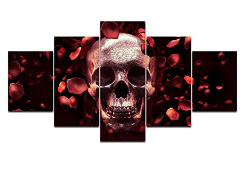 Red Rose Painting On Canvas Skull Feature Skeletons Design Wall Art,Petal Giclee Day Of The Dead Artwork Pictures Abstract Framed Decor For Living Room 5 Panel Stretched Ready To Hang(50''Wx24''H) #TOP29