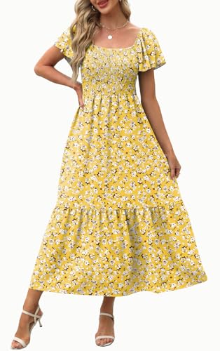 Image of OFEEFAN Summer Dresses for Women Square Neck Ruffle Sleeve Smocked Maxi Dress with Pockets
