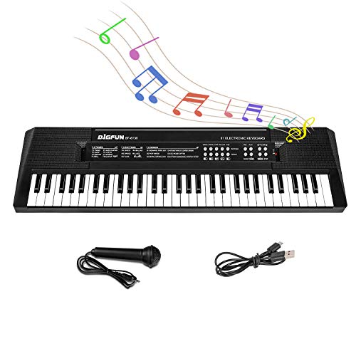 M SANMERSEN Kids Music Piano Keyboard, 61 Keys Piano Keyboard Toys with Microphone Portable Mono Electronic Piano Keyboard Teaching Piano Toy Gift for Beginners Boys Girls Ages 3-12, Black