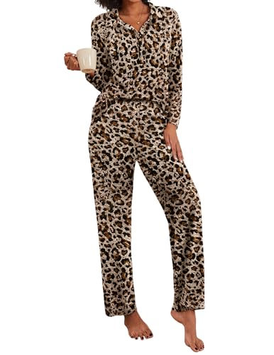 Ekouaer Women's Pajamas Set 2 Piece Knit Long Sleeve Button Down Sleepwear Soft Pjs Lounge Sets Leopard Print, Medium