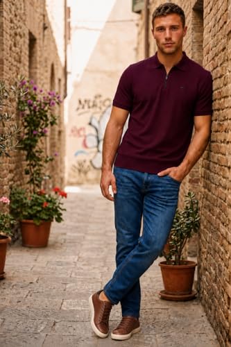 Image of Louis Philippe Men's Slim Fit Zipper Polo T-Shirt in 100% Cotton Pique Fabric for Casual Wear