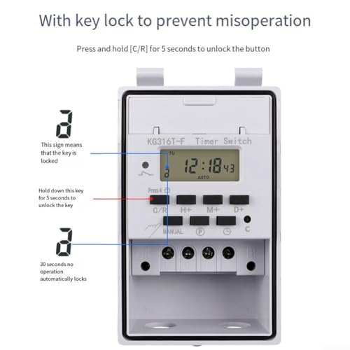 SPORTARC Programmierbarer Zeitrelaisschalter, 220 V, intelligenter Zeitschaltuhr, Wandmontage, digitaler LCD-Timer mit wasserdichter transparenter Abdeckung, u658t01Elektronischer Timer, weiß