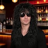 Werownsgso Peruka męska w stylu lat 80., czarna, rockowa, kręcona, długa, naturalna, warstwowa, na Halloween, karnawał, Cosplay, kolor czarny