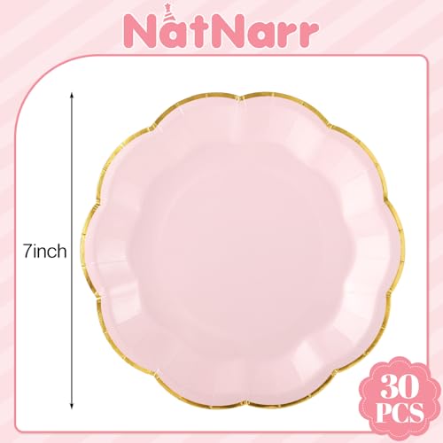 Image of NatNarr 30 Pcs Pink Plates with Gold Trim 7 Inch Pink and Gold Party Plates Scalloped Cake Dessert Plate Disposable for Baby Shower, Wedding, Birthday, Bridal shower