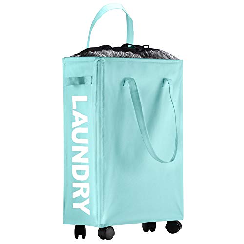 IHOMAGIC Portabiancheria, Ceste per la Biancheria con Ruote, Sottile Contenitore per Lavanderia con Maniglie, Pieghevole Cesta del Bucato Lavanderia, Dormitorio 40L Blu