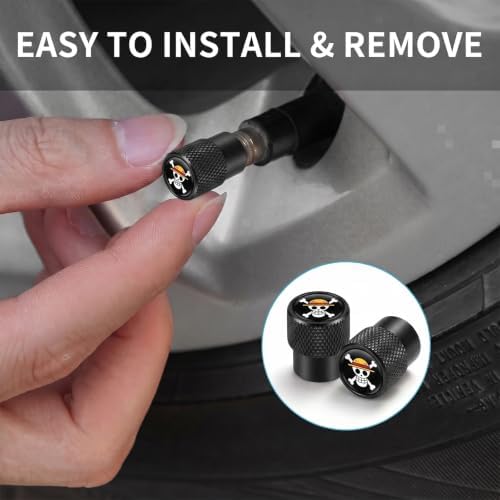One Piece Straw Hat Pirates Skull Logo Tire Valve Stem Caps, 4 Pack Black Aluminum Universal Wheel Air Valve Dust Caps, Tire Rim Valve Covers Fit Car, SUV, Truck, Motorcycle, Bicycle, Black - 1