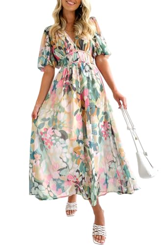 Maxigerui Women's Summer Floral Maxi Dress Spring Wedding Guest Dress 2026 Green Floral M