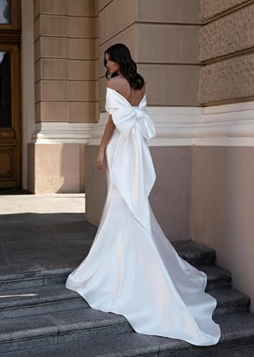Satin Wedding Dress For Bride Mermaid Off Shoulder Beach Boho Bridal Gowns With Bow White Us28W Plus Size #TOP22