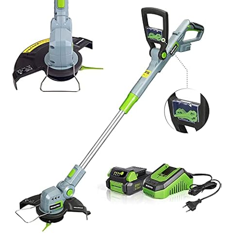 WORKPRO Akku-Rasentrimmer, 20V mit 2,0Ah Akku und Schnellladegerät, kabelloser Rasenmäher, 25 cm Schnittbreite, 90° drehbarer Trimmerkopf, Teleskop-Stiel, 20tlg. inkl. Nylonmesser für Garten Cover
