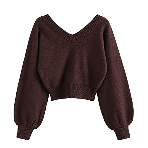 Image of ZAFUL Women's Cropped Sweater V-Neck Long Sleeve Pullover Jumper Knit Top