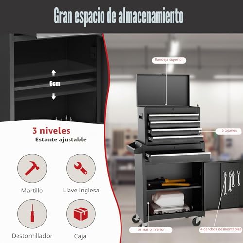 Miniatura 3 de Goplus Carro De Taller Herramienta Con Ruedas, Armario Completo, Carrinho Ferrramenta Con 5 Cajas, Ganchos, 3 Estantes Ajustables Y Alfombrillas Antideslizantes Para Mecanico, Hogar Negro