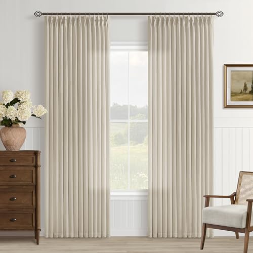 Image of Oatmeal Semi Sheer Pinch Pleated Linen Curtain 94 Inch Long for Living Room | Boho Farmhouse Rustic, Memory Shape Hook Rings, Non See Through Privacy, Apartment Patio, Burlap Textured, Neutral Warm Beige