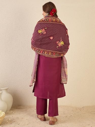 Image of INDO ERA Women's Straight Cotton Blend Ethnic Motifs Embroidered Kurta Pant With Dupatta Set