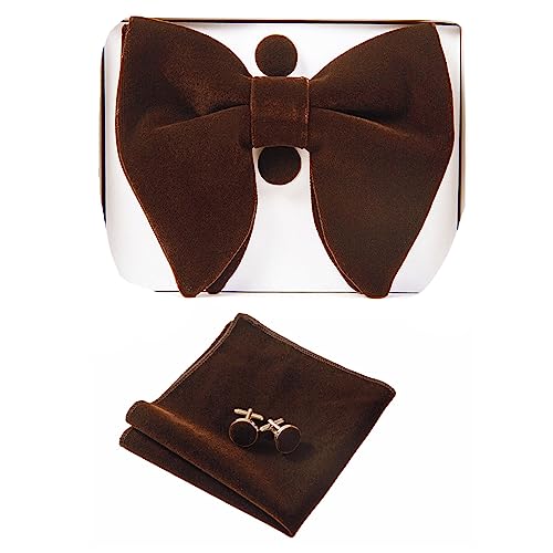 Image of GUSLESON Mens Solid Plaid Velvet Pre-tied Adjustable Bow Tie and Pocket Square Cufflink Set with Gift Box
