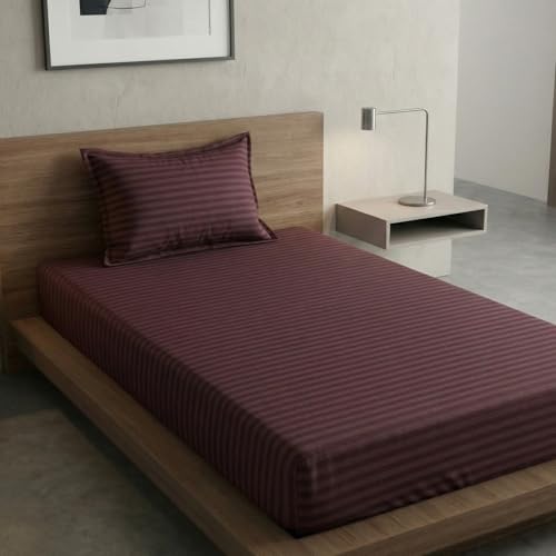 Image of Home Sizzler Microfibre Brown Satin Stripe Elasticated Fitted Single Bedsheet (72x36 Inches) with 1 Pillow Cover
