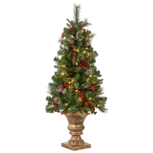 National Tree Company Pre Lit Artificial Mini Christmas Tree Green Crestwood Spruce White Lights Decorated with Pine Cones Berry Clusters Frosted Branches Includes Pot Base 4 Feet