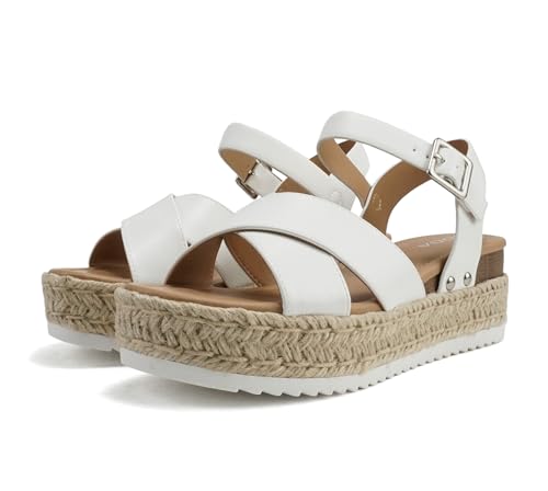 Image of Soda inchFIRELY inch ~ Women Round Toe Crisscross Band Platform Espadrille Wedge Sandal with Adjustable Ankle Strap