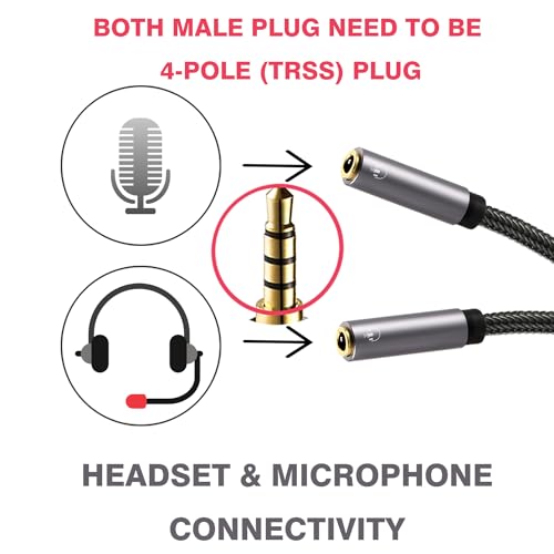 DUKABEL Long Headphone Splitter (4ft / 1.2m) Shielded 4-Pole TRRS 3.5 Y Splitter Cable 2-Way Female to Male Headphone Adapter Stereo Audio/Crystal-Nylon Braided / 24K Gold Plated / 99.99% 4N OFC - Thumbnail 3