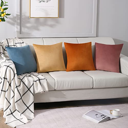 Mejinon 18x18 Inch Set of 4 Velvet Throw Pillow Covers, Orange/Teal, Solid Color, Modern, Art Theme, Decorative Square Couch Pillow Covers for Living Room, Bed Decoration