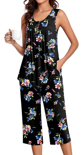 Image of Bestbee Women's Sleeveless Pajama Sets 2 Piece Sleepwear Summer Lounge Outfits Henley Tanks Capri Pants Ladies Pjs