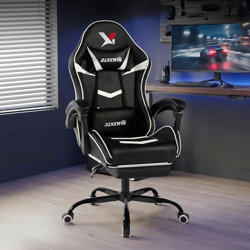 Image of Ergonomic Gaming Chair for Adults, Reclining Computer Office Desk Chair with Footrest, Pocket Spring Cushion,Linkage Armrests, Lumbar Support & Headrest, Heavy-Duty Enlarged Metal Base,White