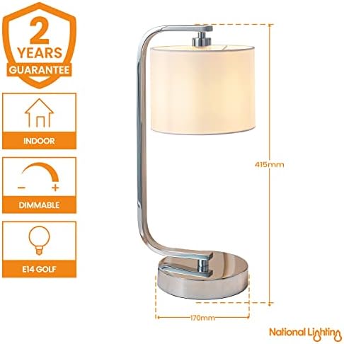 National Lighting LED Touch Dimmer Table Lamp  Dimmable Desk Lamp with Touch Control  Bedside Reading Lamp with White Fabric Shade  Touch Sensitive Decorative Lamp for Bedroom, Office  Chrome