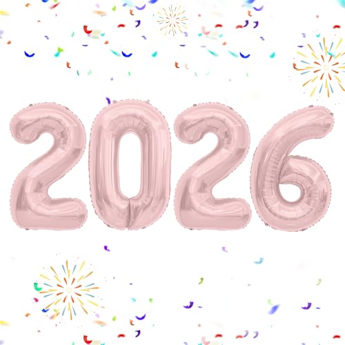 2026 Balloons, 40 inch 2026 Rose Gold Number Balloons, 2026 Happy New Years Decorations, Large Foil Balloons Number for New Years Eve Party Supplies 2026, Class of 2026 Graduation Decorations