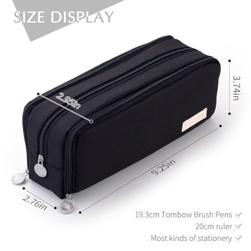 Image of Aesthetic Large Pencil Case 3 Compartments Zipper Pencil Pouch Big Capacity Pencil Bag for Kids Girls Boys Student School Supplies Oxford Organizer Cosmetic Makeup Pouch (Black)