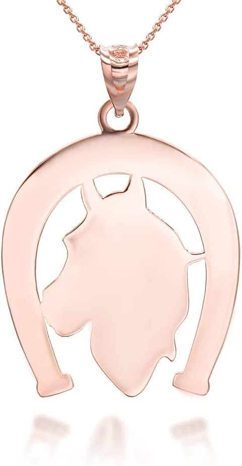 Personalized Engravable Name 14K Rose Gold Lucky Horseshoe Horse Head Pendant Necklace with Your Name Choice of Pendant Only or Necklace Chain Length